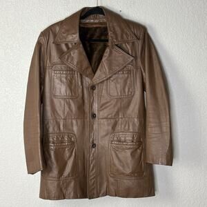 Vintage 70's Men’s Leather Jacket Chore Coat Zip Out Lining Brown Size S / M